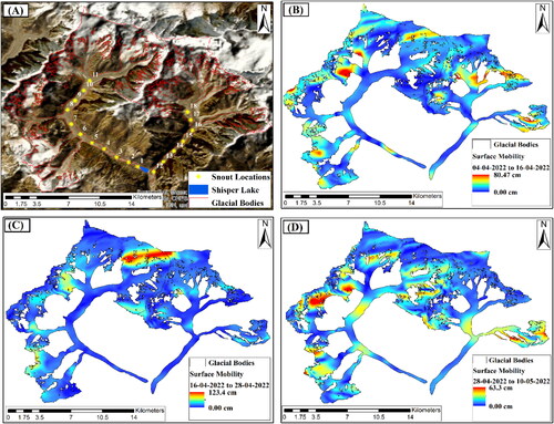 Figure 13. Map showing (A) the glacial boundary of Shisper and Muchowar glacier and locations considered along the main trunk and surface velocity between (B) 4 April and 16 April 2022, (C) 16 April and 28 April 2022 and (D) 28 April and 10 May 2022.