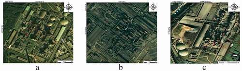 Figure 13. Distribution of thermal anomalies in typical industrial areas: a is a cement plant; b is a steel plant; c is a manufacturing plant.