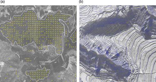 Figure 4. Terrain change detection based on a new image and an old DEM/DOM data. (a) Terrain changed area of Hanzhong region and (b) overlay of contour from updated DEM and orthoimage (contour interval: 5 m).