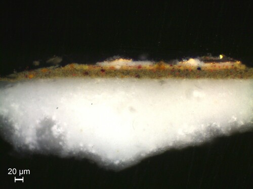 Figure 15. Cross-section of a sample from the metal leaf application on the bench in the left foreground, under visible light: on top of the white ground layer two paint layers, a white preparation layer, and gold foil are visible.