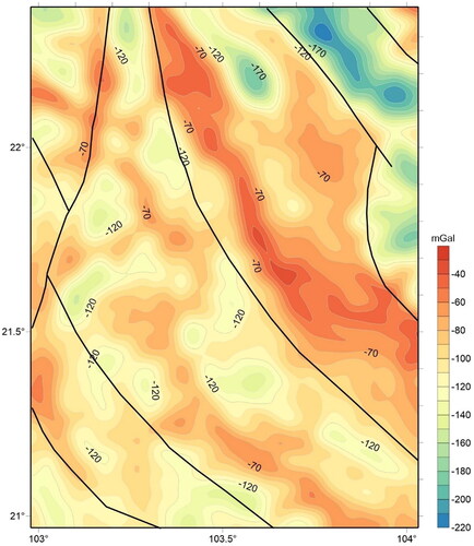 Figure 9. Bouguer gravity anomaly map of the study area. The black lines show surface geological boundaries.