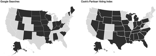 Figure 12. Citizens of conservative states focus more on the past than citizens of liberal states. Data are dichotomised for illustration. On the left, dark-coloured states have a stronger relative frequency of Google search terms focused on the past, while light states focus more on the future. On the right, dark-coloured states have a Republican majority and light states a Democrat majority. Voting and Google searches correlate positively across states, r = .59, t(48) = 5.00, p < .001, 95% CI [.37; .74].