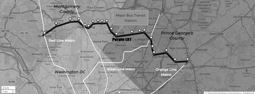Figure 1. The Purple Line will connect 3 heavy rail train lines and run across two counties in Maryland, USA.