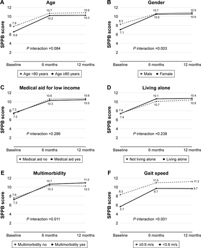 Figure S1 Effect of multicomponent program by subgroups defined by baseline characteristics.Note: Female gender, multimorbidity, gait speed <0.6 m/s, frailty, CES-D score >20 points, and ADL disability at baseline were associated with greater improvements in the SPPB score after the program (P-value for interaction <0.05).Abbreviations: ADL, activities of daily living; CES-D, Center for Epidemiologic Studies Depression Scale; IADL, instrumental activities of daily living; MNA-SF, Mini Nutritional Assessment-Short Form; SPPB, Short Physical Performance Battery.