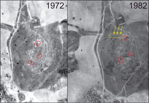 Figure 11. Comparison between 1972 and 1982 images in which it is possible to observe the presence of the towers in 1972 (circles) and their disappearance in 1982 with the presence of heaps of rubble of collapsed walls (arrows and dashed circle).