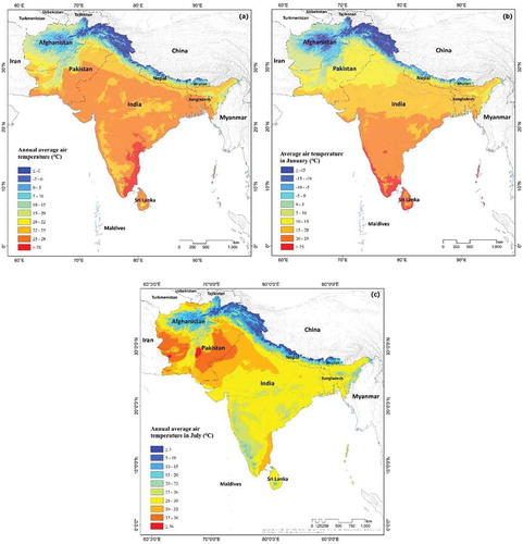 Figure 5. Annual average air temperature condition in South Asia. (a) Annual average air temperature; (b) annual average air temperature in January; (c) annual average air temperature in July.(Source: Worldclim v 1.4, http://www.worldclim.org/current).