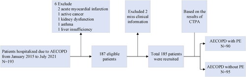 Figure 1. The enrollment flow chart of this study.Abbreviations: AECOPD: acute exacerbations of chronic obstructive pulmonary disease; PE: pulmonary embolism; CTPA: computed tomography pulmonary angiography.