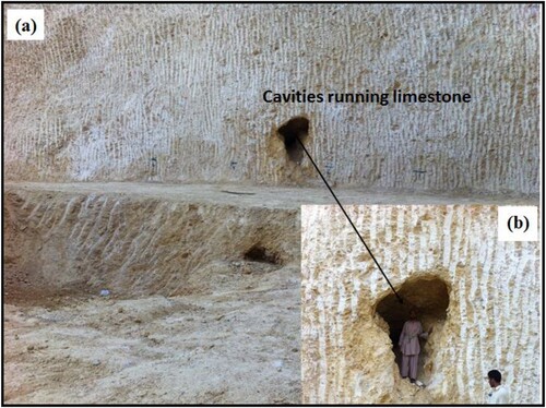 Figure 3. (a) Typical subsurface cavities developed in limestone at Riyadh construction site, KSA. (b) The size and dimension of cavities in limestone bedrock of Sulaiy formation.
