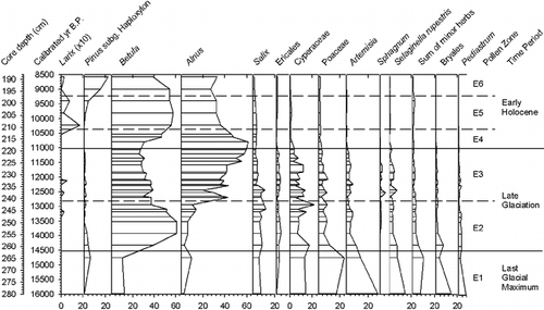 Figure 3 Select pollen and spore taxa (%) for Elikchan 4 Lake, core E4-5. Palynological data are presented as a percentage of the sum of identified and unidentified tree, shrub, and herb pollen.