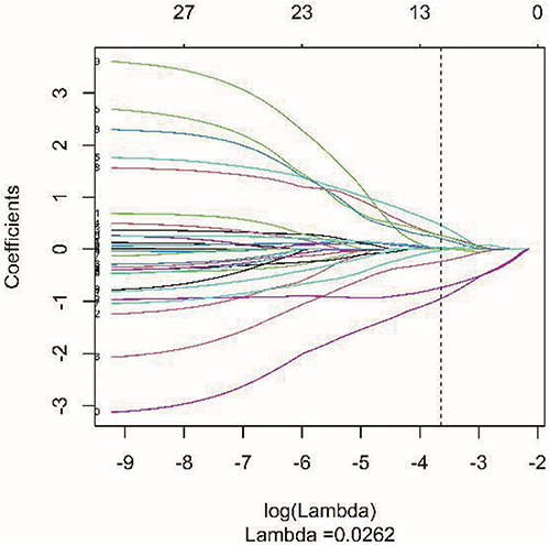 Figure 4 Selection of optimal imaging omics features. Each curve in the figure represents the change trajectory of each independent variable coefficient. The ordinate is the value of the coefficient, the lower abscissa is log (λ), and the upper abscissa is the number of non-zero coefficients in the model at this time.