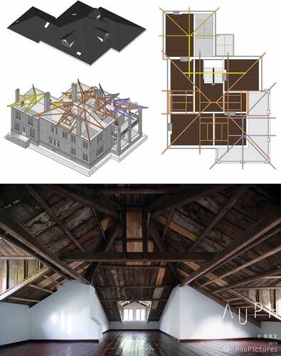 Figure 24. The digital model of the roof truss (top) and photo of the roof truss after renovation (bottom).