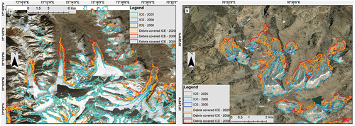 Figure 5. Ice cover outlines for the years 2000, 2008, and 2020 provided by this study, for example of (a) the north-east and (b) the northwest of Afghanistan. Background is the high resolution imagery (0.29 m) of 2016 obtained from the Ministry of Mines and Petroleum of Afghanistan (MoMP Citation2020).