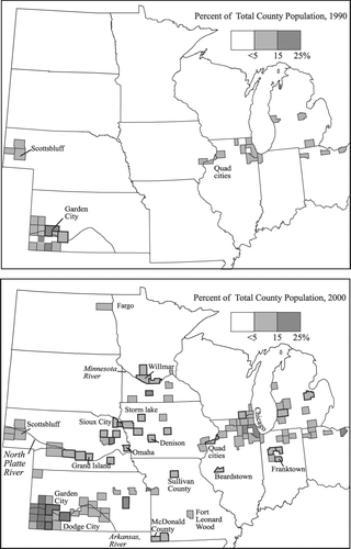 Figure 4 Hispanics in the Midwest, 1990 and 2000.