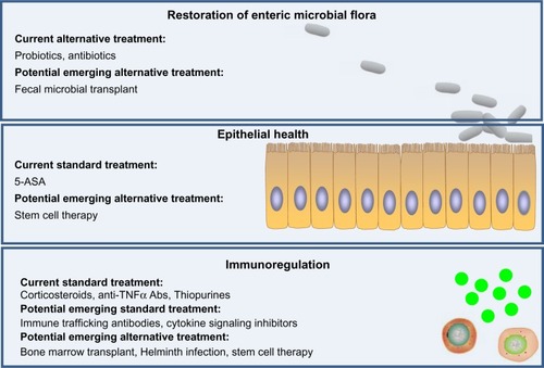 Figure 4 Current and emerging drug/therapy for ulcerative colitis (UC) treatment. Current treatments of UC mainly function by immunosuppression. Emerging therapies of UC have potential to target three major layers of UC dysfunction, including restoration of normal intestinal microbial flora, promotion of epithelial health (restitution of epithelium), and suppression of immunological cell trafficking and activation, with potentially fewer side effects compared with current available treatments.