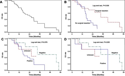 Figure 3 Kaplan-Meier curves for (A) overall survival (OS) of the intention-to-treat population, (B) OS of the intention-to-treat population stratified by surgical resection versus no surgical resection, (C) OS of the intention-to-treat population stratified by EGFR mutational status, and (D) OS of surgical patients stratified by EGFR mutational status.Abbreviation: CI, confidence interval.