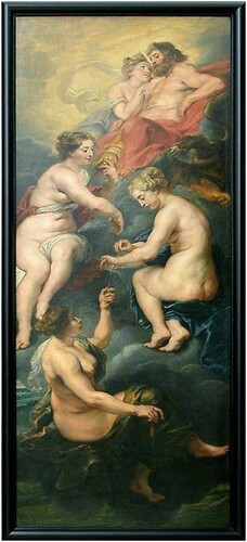 Figure 4. Painting no 4 in the cycle. Les Parques filant le destin de la reine Marie de Médicis sous la protection de Jupiter et de Junon, Peter Paul Rubens, 1622–1625. INV 1769, MR 960, height 3.94, width 1.55 m. Oil on canvas, photograph © 2003 Musée du Louvre / Angèle Dequierand.