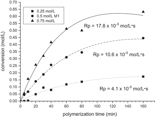 Figure 2. Monomer conversion of M1 during homopolymerization. [AIBN] = 0,05 mol/L, T = 60°C, MeOH.