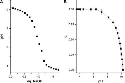 Figure 3 (A) Potentiometric titration of a 0.4 mM pLys water solution with 0.1 M HCl solution. (B) Dependence of the degree of pLys amino group protonation (α) on pH value.Abbreviations: pLys, α-polylysine hydrobromide; eq, equivalent.
