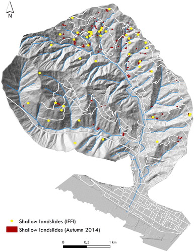 Figure 2. Inventory map of the IFFI (Trigila et al., Citation2008) and autumn of 2014 rainfall-induced landslides, affecting the Rupinaro catchment. The shaded relief derived from the high-resolution DTM obtained from the post-event LiDAR survey.