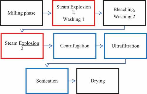 Figure 1. A general outline of the process. Green: Raw material and product, red: Steam Explosions, blue: Liquid and black solid separation, black: Others.