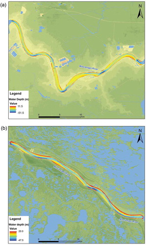 Figure 11. Bathymetric maps of UR region (a) and LR region (b) by using the TPS interpolator in Cartesian (x, y) coordinate system. The spatial resolution of these DEMs are at 10 m × 10 m.