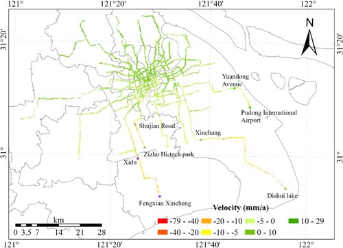 Figure 15. The ground deformation velocities along the Shanghai Metro network.