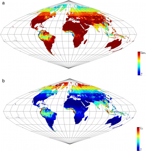 Figure 3. Spatial distribution of the average quality of the GLASS albedo product in 2003 and 2004. (a) Percent of the product with a ‘good’ quality flag. (b) Average product uncertainty.