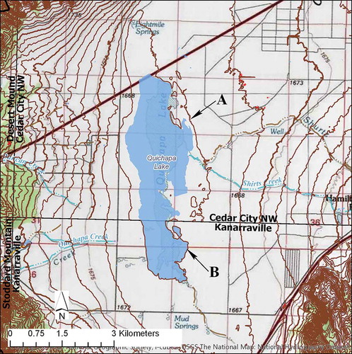 Figure 11. Contour automation is challenging where elevation and hydrography data integrate poorly along the Cedar City NW and Kanarraville quadrangles in Utah. The elevation data are more current and accurate than the hydrography data, resulting in unsatisfactory contour representation of the terrain. The contour at A is missing from the southern quadrangle due to change in contour interval. However, the contour at B fails to appear opposite the border because elevation data were collected at a lower lake level. The matching contour was created inside the water body, and hence was subsequently removed by ASCEND.