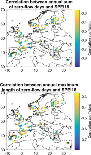 Figure 9. Map of the significant correlations between the annual sum of zero-flow days (top) and the annual maximum length of zero-flow days (bottom) with the (Standardized Precipitation Evapotranspiration Index) SPEI18. Crosses indicate stations where the correlation is not significant at the 10% level. Correlations are negative because the smaller the SPEI (water deficit), the larger the number of zero-flow days