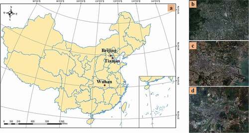 Figure 2. Locations of Beijing, Tianjin and Wuhan in China (a); Sentinel-2 image of Beijing (b), Tianjin (c), and Wuhan (d) .