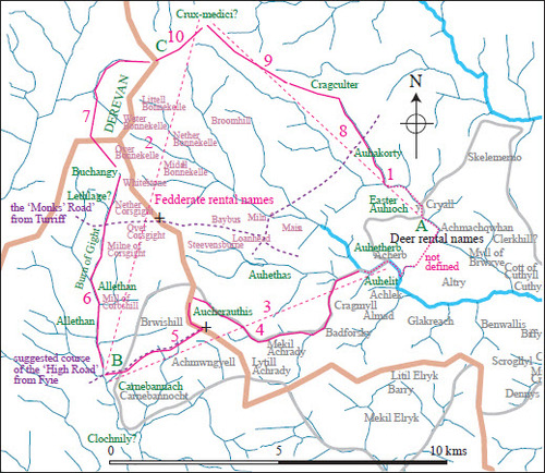 Fig. 2. Plan of the boundary clauses appearing in the Fedderate Charter. The dotted red lines show the introductory ‘overview’ clauses 1–3 whilst the solid red lines show the subsequent clauses. Names in green are those given in the description with other names being contained within the respective rentals of Deer Abbey, 1544 (Illus. AB, iv, 19–29) and Fedderate, 1690 (Illus. AB, ii, 442–444). Grey line denotes the presumed limit of Deer Abbey lands and the broad, orange line shows the major watersheds. Dotted purple lines mark the suggested route of the ‘High Road’ and other suggested cross-country routes.