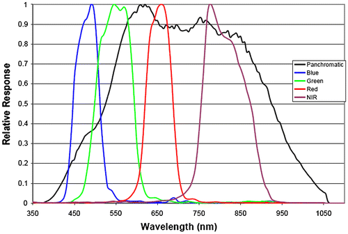 Figure 1. Spectral response of Quickbird-2 satellite imagery.