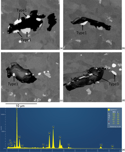 Figure 9. (A)-(d) BSE micrographs showing cross-section of creep cavities associated with Type 1 Ta-enriched particles in the creep ruptured CPJ7 sample; (e) a representative EDS spectrum collected from a Type 1 Ta-enriched particle associated with creep cavity.