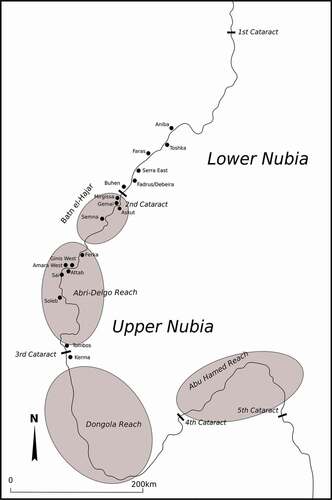 Figure 1. Map of New Kingdom colonial Nubia showing the sites mentioned in the text. In the New Kingdom, there was limited Egyptian presence in peripheral areas such as the Batn el-Hajar, the northern portion of the Abri-Delgo Reach and the Abu Hammed Reach. Scattered remains of settlements (likely linked to the processing of gold ore) and burials are currently being explored in the Batn el-Hajar (Edwards Citation2020), as well as the 4th cataract area (Paner and Pudło Citation2010, 138–139). Map by R. Lemos.