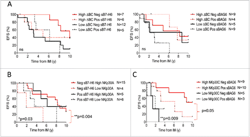 Figure 6. Event-free survival in metastatic GIST can be best predicted by the coordinated analysis of several NKp30-related parameters. (A) Event-free survival of metastatic GIST patients from the time of IM according to the ΔBClow phenotype and the median values of sB7-H6 (n = 30, left panel) or sBAG6 (n = 27, right panel) was assessed using the Kaplan–Meier method. (B)–(C) Analysis of predictive interactions between the relative expression levels of NKp30 isoforms and serum levels of NKp30 ligands. Event-free survival of metastatic GIST patients from the time of IM according to the sB7-H6 levels and NKp30A relative expression (B) and the median value of the levels of NKp30 isoforms C and sBAG6 levels (C), using the Kaplan–Meier method. Of note, Fig. S10 shows EFS of NKp30L levels with the additional NKp30 isoforms. *p < 0.05, **p < 0.01, ns: not significant by Log-rank (Mantel–Cox) test.