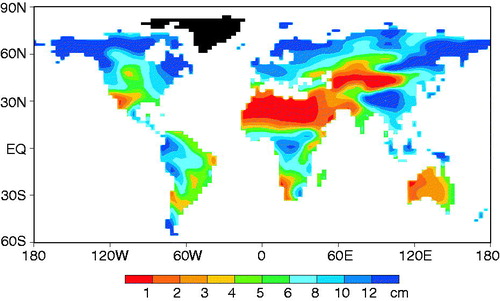 Fig. 10. Geographical distribution of annual mean soil moisture (cm) obtained from the control run. Here, soil moisture is defined as the difference between the total amount and the wilting point of water in the root zone of soil. From Wetherald and Manabe (Citation2002).