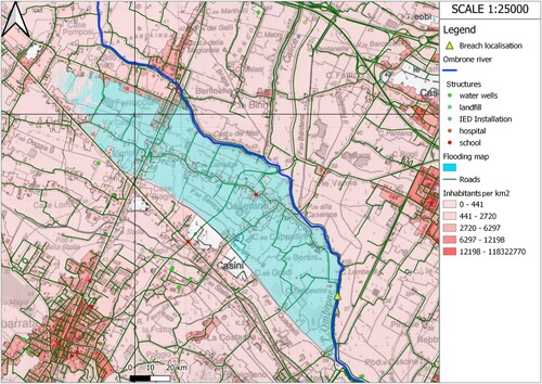 Figure 9. Structures, roads, and resident population per km2 involved by the flood simulation (data downloaded from Region of Tuscany’s website).