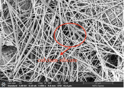 Figure 15. Shape of the needle-like self-healing product at the SAP inside the fracture.