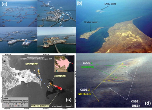 Figure 8. (a) Aerial view of the Oil Rocks Settlement; (b) Pirallahi and Chilov Islands; (c) repetition of oil spills associated with wells of Oil Rocks Settlement, Pirallahi and Chilov Islands and (d) sample aerial view of Bonn agreement oil appearance thickness codes (Bonn Agreement Citation2011).