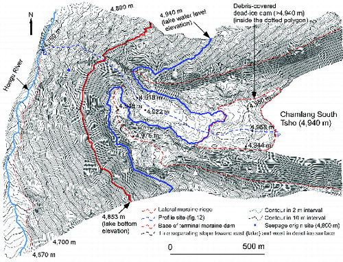 Figure 8. Detailed topographic map of the dead-ice area, lateral moraines, and terminal moraine complex. An orange bold contour line of 4940 m passing through the dead-ice area separates the areas higher (i.e., debris-covered dead-ice dam) and lower than the lake water surface. A red line with elevation of 4853 m passing through the terminal moraines represents the same elevation as the bottom of the lake. Note the altitudinal distributions and their differences among the various land features, such as the lake, lateral moraines, and the base of the terminal moraine dam along the Hongu River. The dotted line PQ represents the site of the profile shown in figure 12. The relative height difference between the lake water surface and the dead-ice dam is only about 4–18 m.