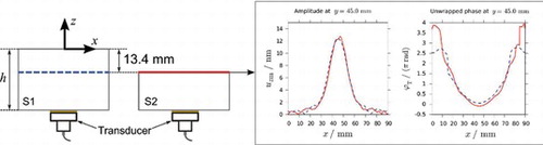 Figure 6 Dashed lines: transversal profiles of acoustic amplitude and unwrapped phase measured at the surface of S1 and then backpropagated within the specimen. Solid lines: transversal profiles of acoustic amplitude and unwrapped phase measured at the surface of the thinner specimen S2. The reconstruction distance was set to −13.4 mm, the difference between the average thicknesses of the samples. Therefore, the reconstructed and measured fields are located at the same distance relative to the transducer.