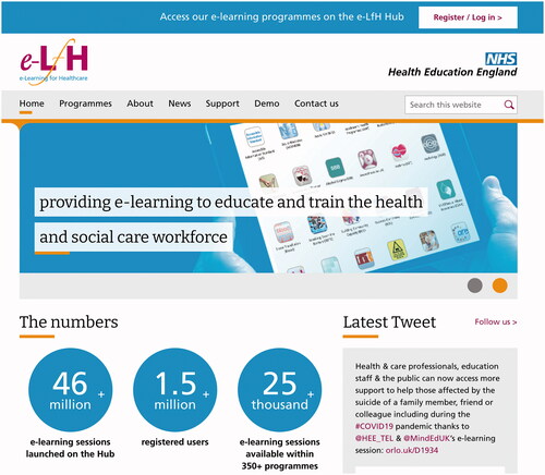 Figure 1. Screencapture showing the e-learning for Healthcare website https://www.e-lfh.org.uk/.