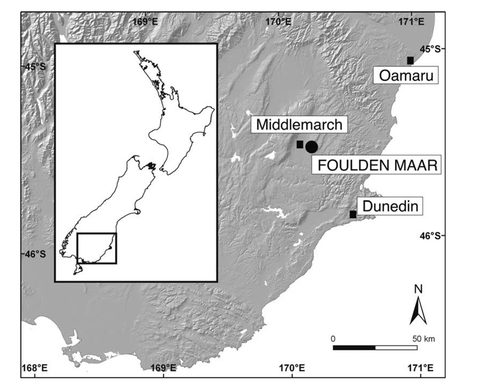 Figure 1  Map of the Otago region showing the fossil locality Foulden Maar near Middlemarch.