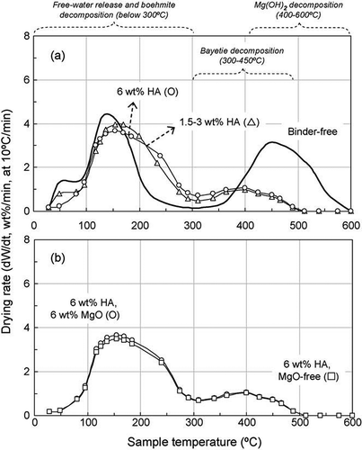 Figure 6. Thermogravimetry (10°C/min) of castables containing (a) 6 wt% of magnesia and different amounts of hydratable alumina (HA) and (b) 6 wt% of HA and a magnesia-free reference sample (both after 7 days at 50°C in a humid environment) [Citation3].