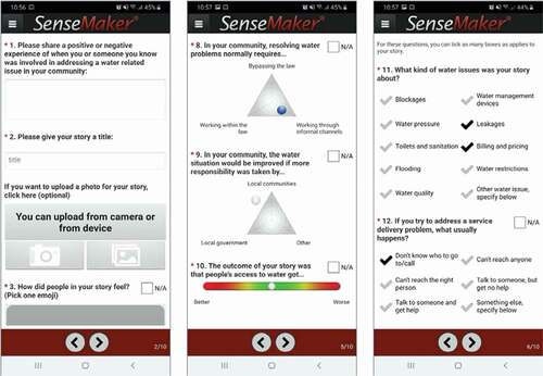Figure 1. One option for collecting stories through the signification framework was via a smartphone-based app. The left-hand panel shows the initial prompting questions; the middle and right-hand panels show a selection of the follow-up questions asked