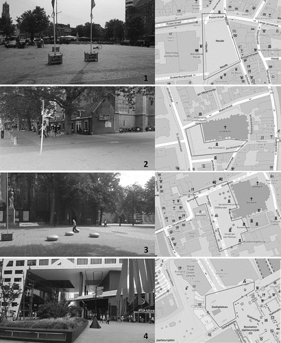 Figure 2. Impression of the research locations; 1 de Neude, 2 Jacobskerkhof, 3 Domplein, 4 Stadsplateau. Data: © OpenStreetMap contributors. Openstreetmap.org