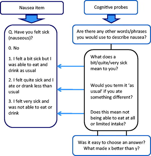 Figure 1. Examples of cognitive probes used to explore patient understanding of PRAE item (nausea).