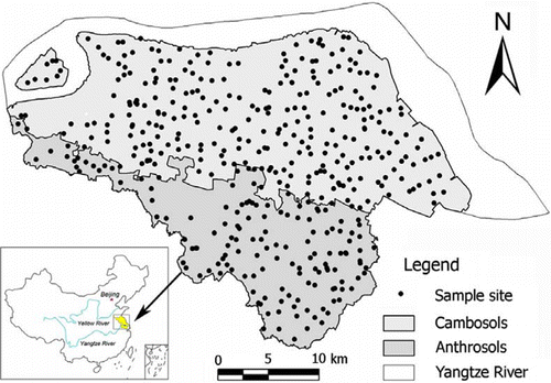 Figure 1  Soil map of Zhangjiagang County with sample sites from 1980 to 2004.