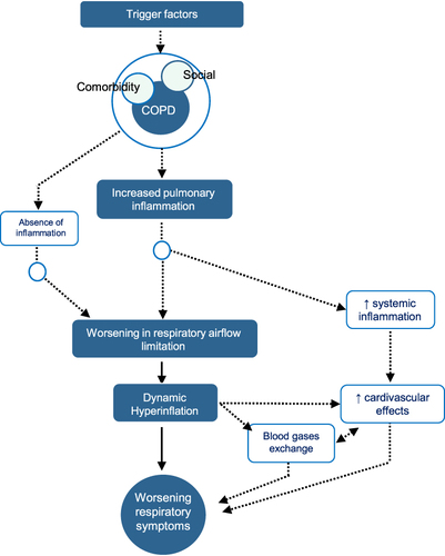 Figure 1 Pathophysiology of COPD exacerbation syndrome. Reproduced with permission from Soler-Cataluna JJ, Pinera P, Trigueros JA, et al. Spanish COPD guidelines (GesEPOC) 2021 update diagnosis and treatment of COPD exacerbation syndrome. Arch Bronconeumol. 2022;58(2):159–170.Citation11 Copyright © 2021 SEPAR. Published by Elsevier España, S.L.U. All rights reserved.