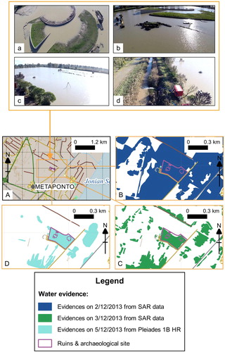 Figure 3. (A–D) Flood effects photographs for the inundated Magna Greciae archaeological site of Metaponto (courtesy of Il Quotidiano della Basilicata). (A–D) detail maps of the archeological area inudation during all the observation period: (A) overview location map, highlighting in the yellow rectangle the area of interest detailed in (B–D); (B,C) water evidence, respectively, on 2 and 3 December 2013 from RGB SAR composition, (D) water evidence on 5 December 2013 from Plèiades-1B HR.